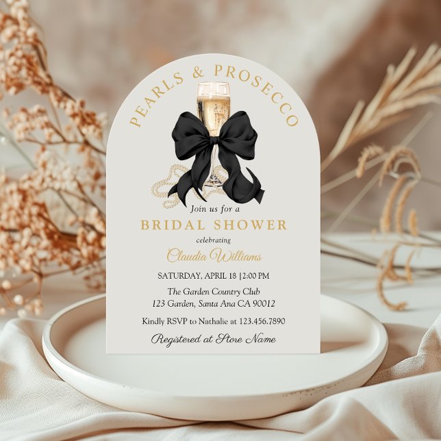 Pearls Prosecco Black Bow Bridal Shower Invitation (Elegant Black Bow and Pearls Bridal Shower Invitation)