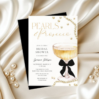 Pearls & Prosecco Black Bow Bridal Shower Invitation