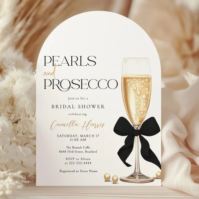 Pearls & Prosecco Black Bow Bridal Shower Invitation | Zazzle