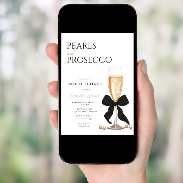 Pearls & Prosecco Black Bow Bridal Shower Invitation (Front Digital)