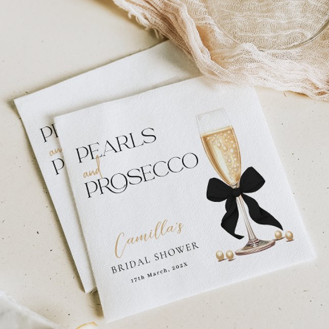 Pearls & Prosecco Black Bow Bridal Shower Napkins (Creator Uploaded)