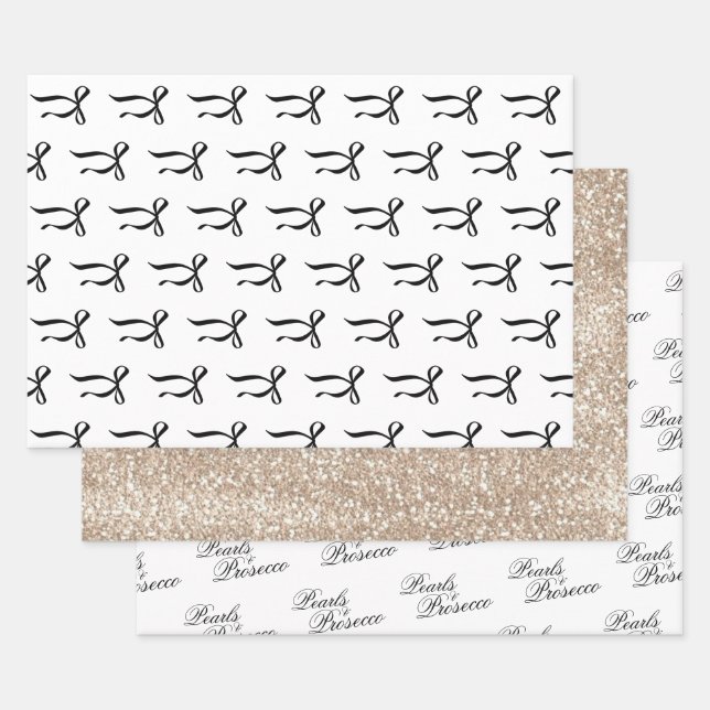 Pearls & Prosecco Black Bow Bridal Shower Wrapping Paper Sheets (Set)