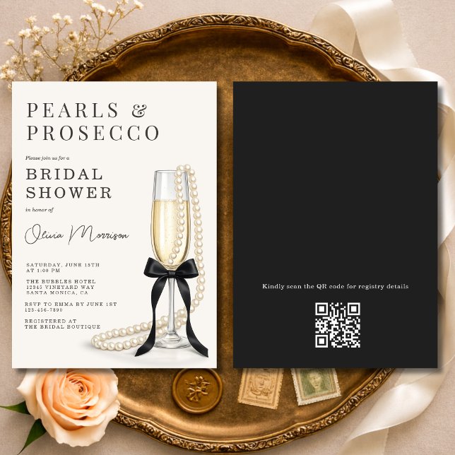 Pearls & Prosecco Black Bow QR Code Bridal Shower Invitation (Creator Uploaded)
