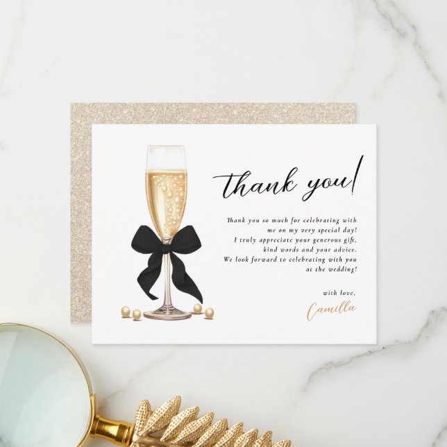 Pearls & Prosecco Black Bridal Shower Thank You Card (Front/Back In Situ)