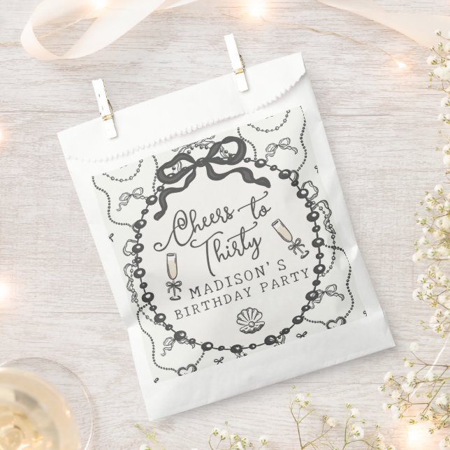 Pearls & Prosecco Black Coquette Bow Birthday Favor Bag (Clipped)