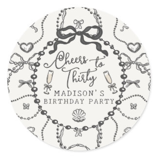 Pearls Prosecco Black Coquette Bow Birthday Favor Classic Round Sticker
