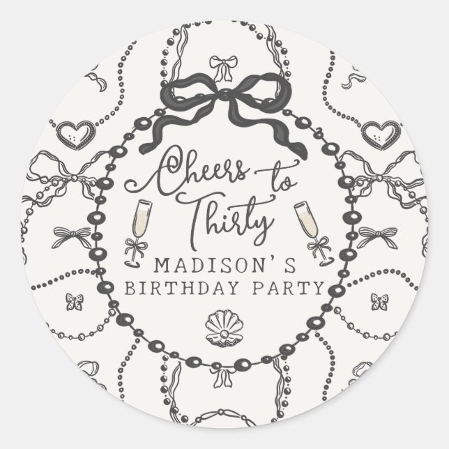 Pearls Prosecco Black Coquette Bow Birthday Favor Classic Round Sticker (Front)