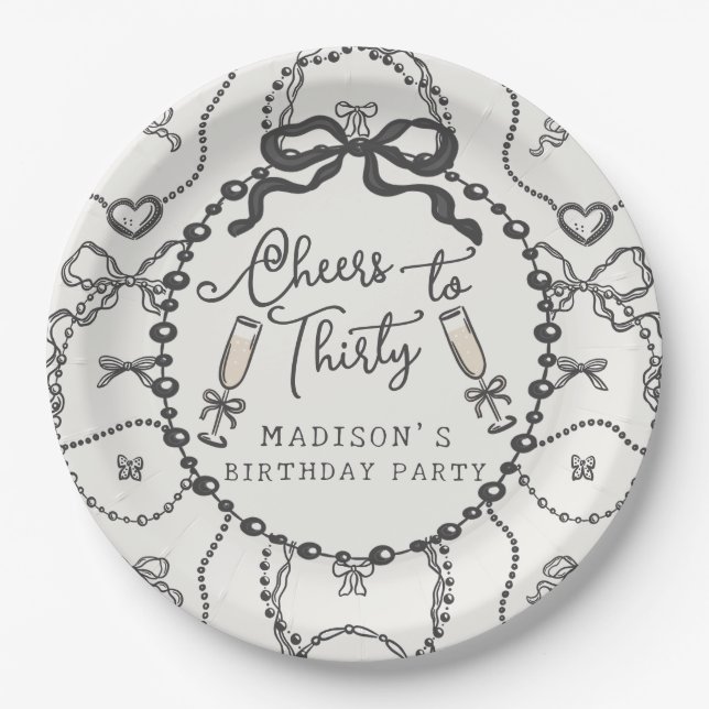 Pearls & Prosecco Black Coquette Bow Birthday Paper Plates (Front)