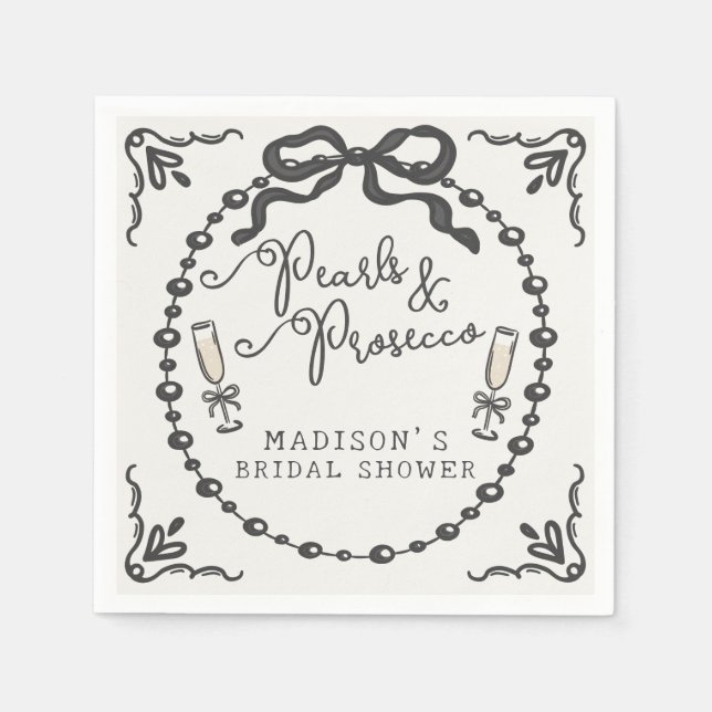 Pearls & Prosecco Black Coquette Bow Bridal Shower Napkins (Front)