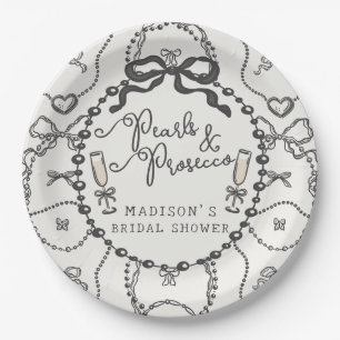 Pearls & Prosecco Black Coquette Bow Bridal Shower Paper Plates
