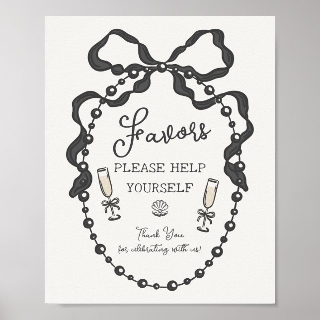 Pearls & Prosecco Black Coquette Bow Favors Poster (Front)