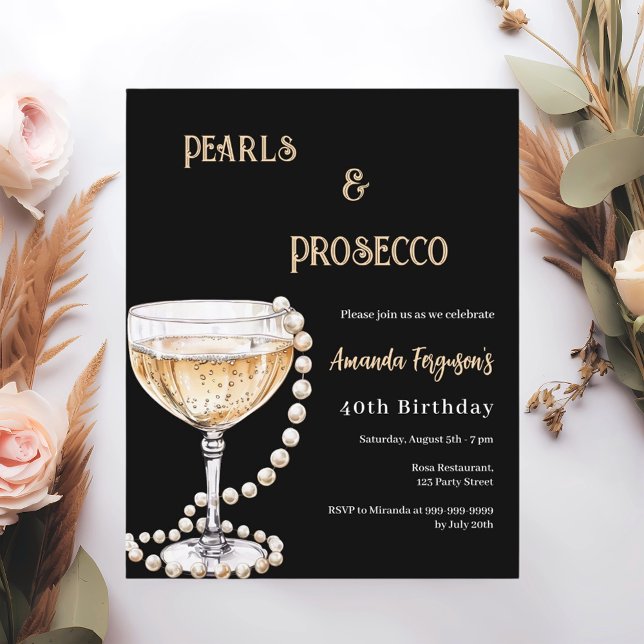 Pearls Prosecco black gold birthday invitation (Creator Uploaded)