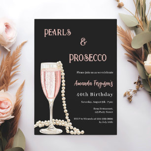 Pearls Prosecco black pink birthday Invitation