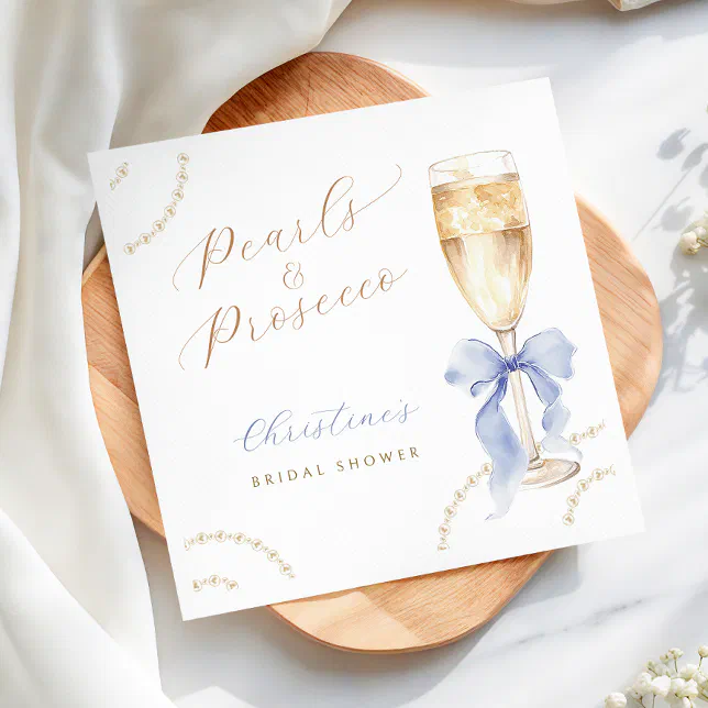 Pearls & Prosecco Blue Bridal Shower Napkins | Zazzle