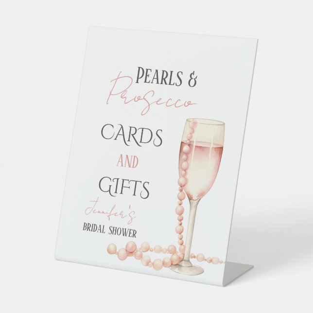 Pearls & Prosecco Blush Pink Bridal Shower Favor Pedestal Sign (Front)