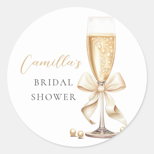 Pearls & Prosecco Bow Bridal Shower Classic Round Sticker (Front)