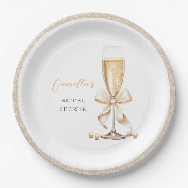Pearls & Prosecco Bow Bridal Shower Paper Plates (Front)