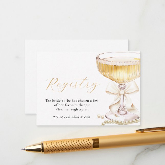 Pearls & Prosecco Bow Bridal Shower Registry Enclosure Card (Front/Back In Situ)