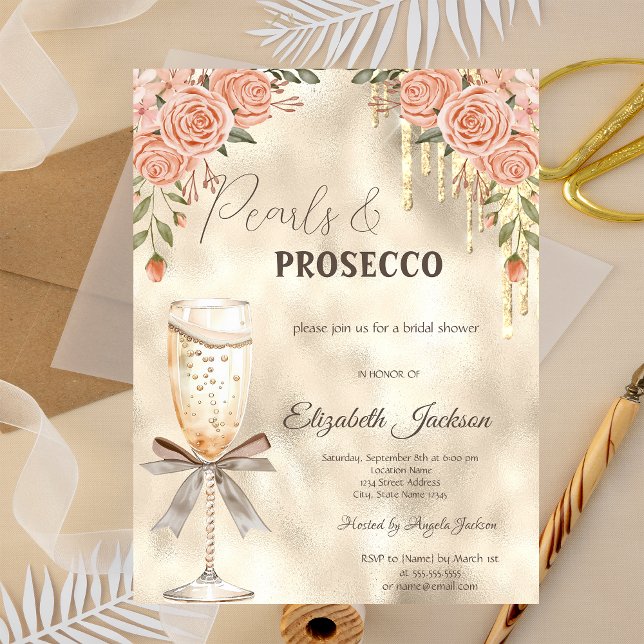 Pearls Prosecco Bow Glitter Drips Boho Roses Invitation (Creator Uploaded)