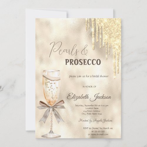 Pearls Prosecco Bow Glitter Drips  Invitation