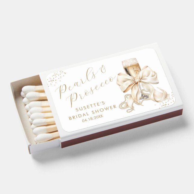 Pearls & Prosecco Bridal Shower Favor Gift Matchboxes (Front Open)