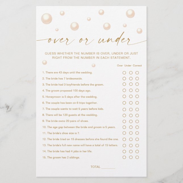 Pearls Prosecco Bridal Shower Over or Under Game (Front)