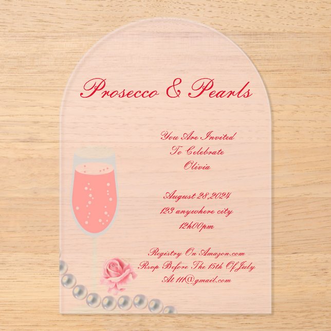 PEARLS & PROSECCO BRIDAL SHOWER PINK  INVITATION (Front)