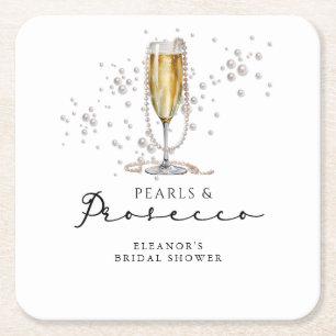 Pearls & Prosecco Bridal Shower Square Paper Coaster