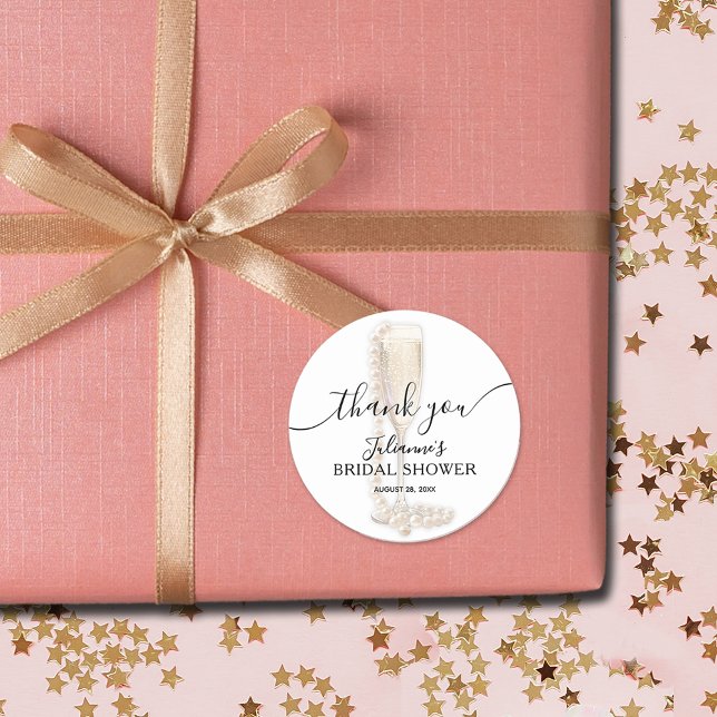 Pearls & Prosecco Bridal Shower Thank You Classic Round Sticker (Pearls & Prosecco bridal shower 1-1/2" thank you favor stickers (3" available, too))