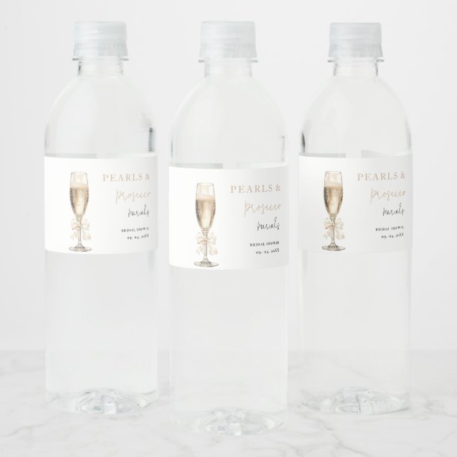 Pearls & Prosecco  Bridal shower Water Bottle Label (Bottles)