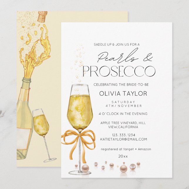 Pearls & Prosecco  Champagne Bow Bridal Shower Invitation (Front/Back)