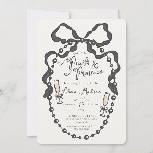 Pearls & Prosecco Coquette Bow Bridal Shower Invit (Front)