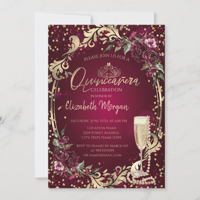 Pearls Prosecco Diamond Burgundy Roses Quinceañera Invitation (Front)