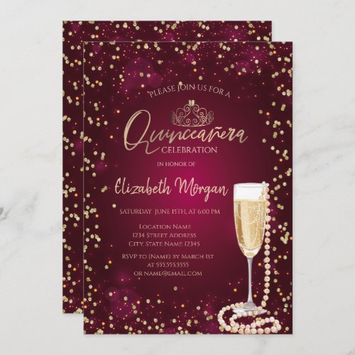 Pearls Prosecco Diamonds BurgundyQuinceaera Invitation