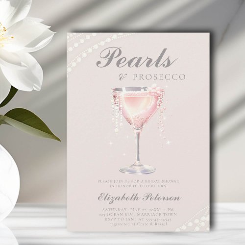 Pearls Prosecco Dusty Pink Brunch Bridal Shower Invitation