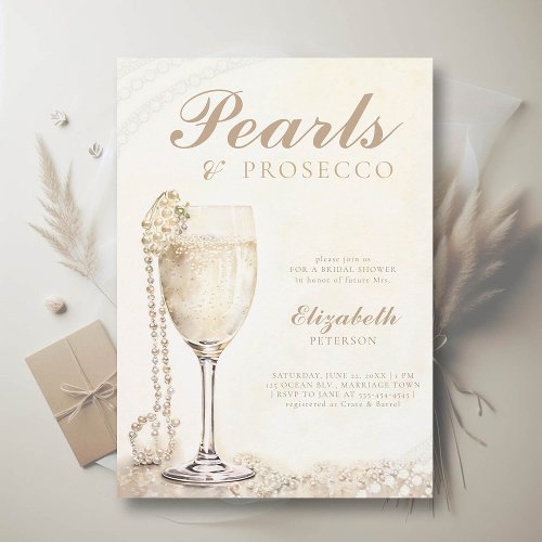 Pearls Prosecco Ecru Elegant Brunch Bridal Shower Invitation