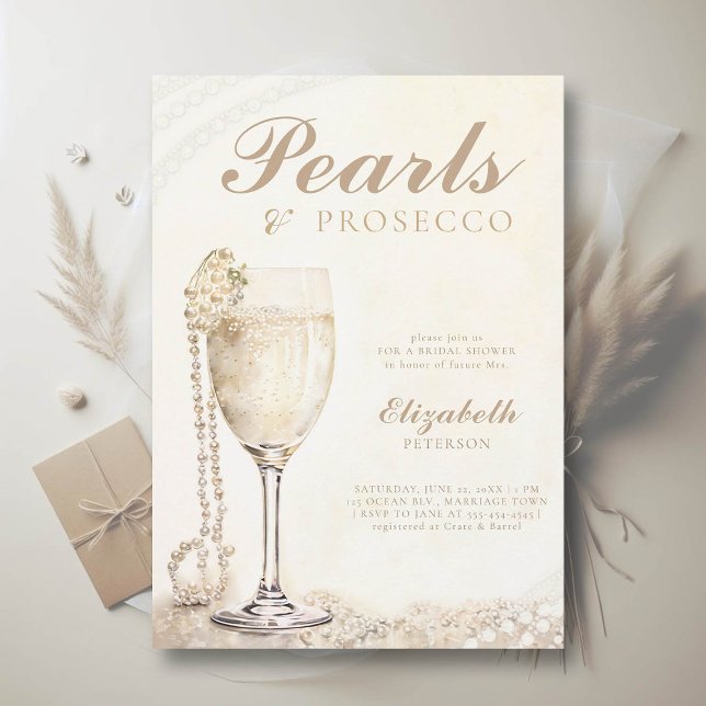 Pearls Prosecco Ecru Elegant Brunch Bridal Shower Invitation (pearls and prosecco bridal shower invitation brunch lunch elegant modern romantic watercolor ecru)