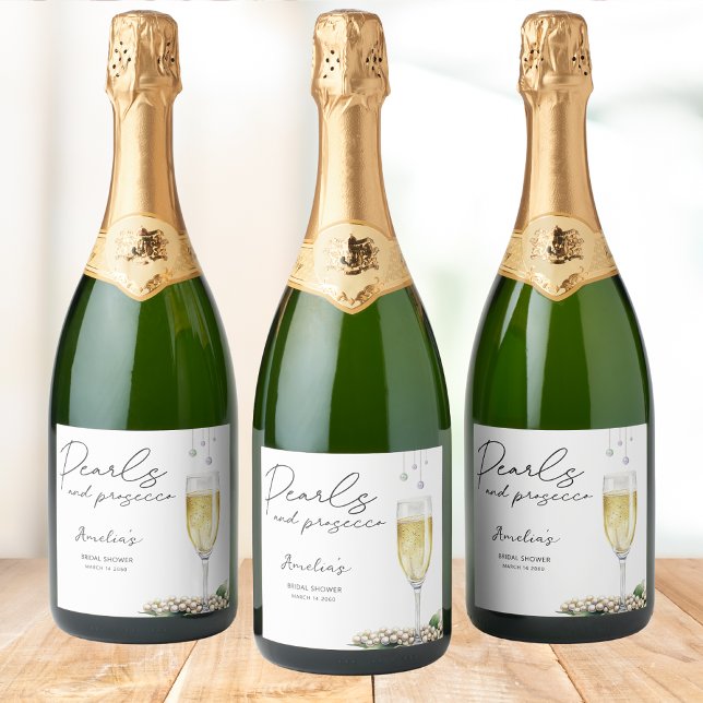 Pearls & Prosecco Elegant Bridal Shower Favor Sparkling Wine Label (Creator Uploaded)