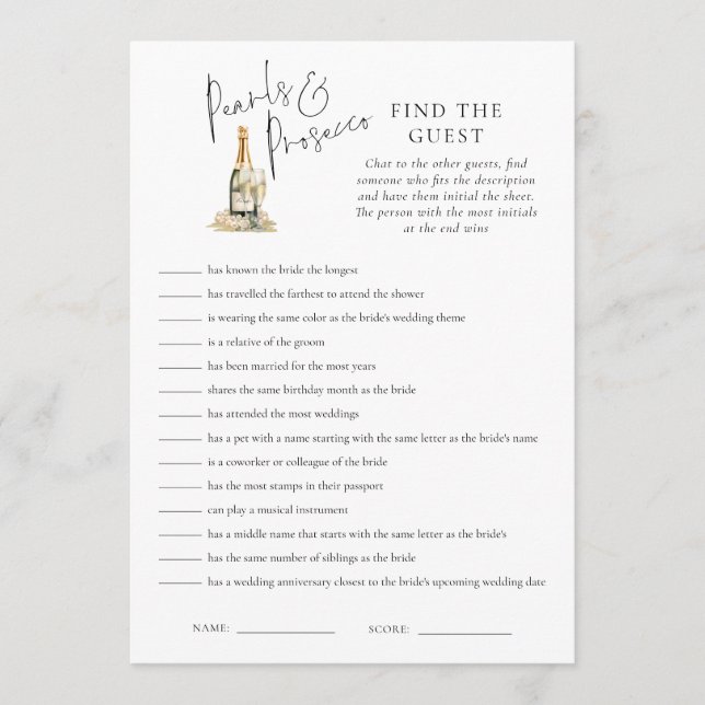 Pearls Prosecco Find Guest Bridal Shower Game Card (Front)