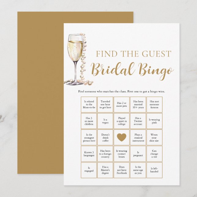 Pearls & Prosecco Find the Guest Bridal Bingo Game Invitation (Front/Back)