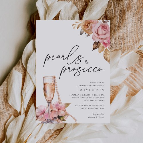 Pearls  Prosecco Floral Bridal Shower Invitation