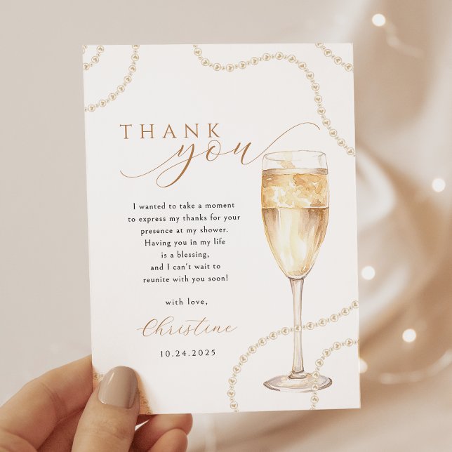 Pearls & Prosecco Gold Bridal Shower Thank You Car Card (Creator Uploaded)