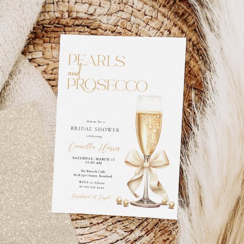 Pearls  Prosecco Gold Minimal Bridal Shower Invitation