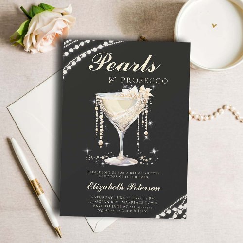 Pearls Prosecco Ivory Black Elegant Bridal Shower Invitation