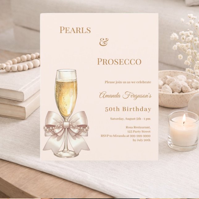 Pearls Prosecco ivory bow birthday invitation (Creator Uploaded)