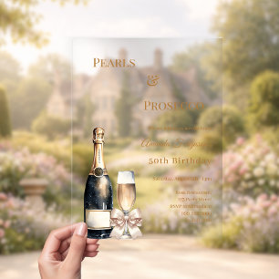 Pearls Prosecco ivory bow elegant luxury birthday  Acrylic Invitations