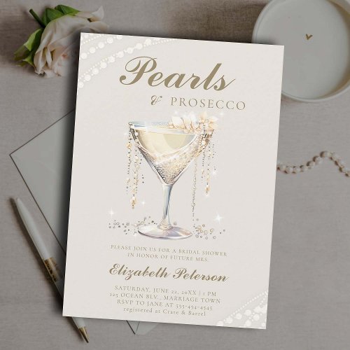 Pearls Prosecco Ivory Elegant Brunch Bridal Shower Invitation