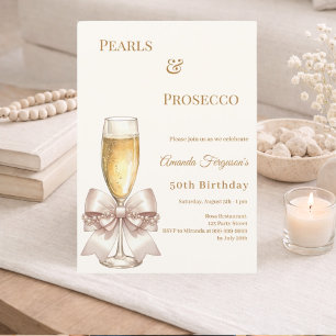 Pearls Prosecco ivory golden bow elegant birthday  Invitation