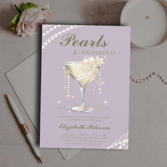 Pearls Prosecco Lilac Gold Elegant Bridal Shower Invitation (Pearls Prosecco bridal shower invitation brunch template card champagne watercolor ivory lilac)
