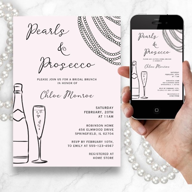 Pearls & Prosecco Modern Blush Pink Bridal Brunch Invitation (Creator Uploaded)